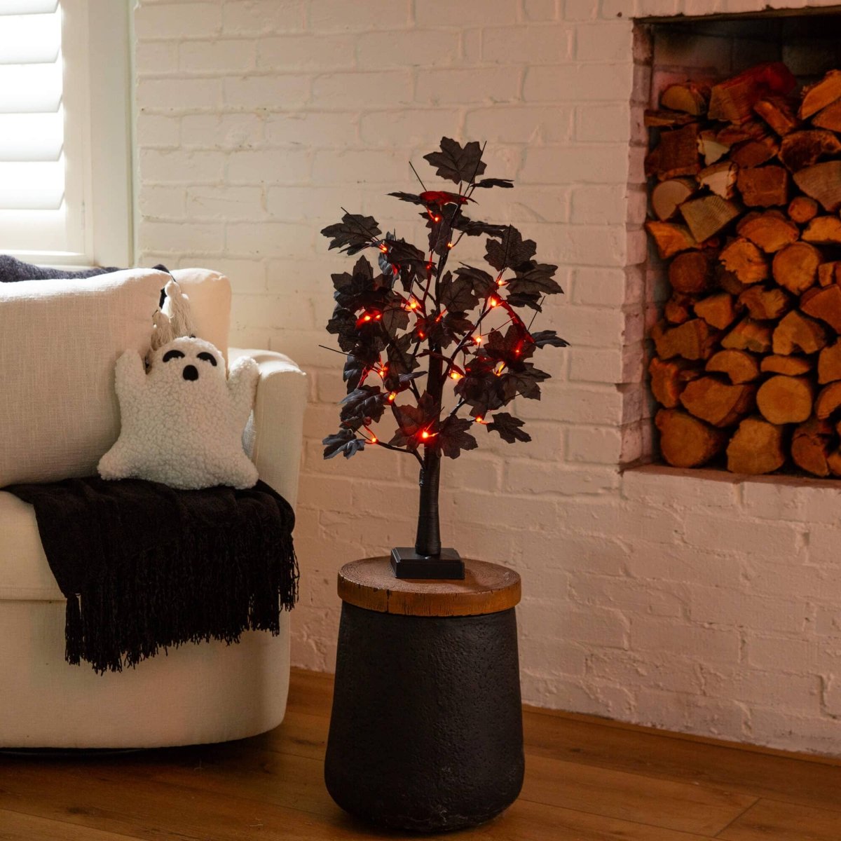Nearly Natural 2' Pre-Lit Halloween Black Maple Tree with 24 Orange & Purple LEDs