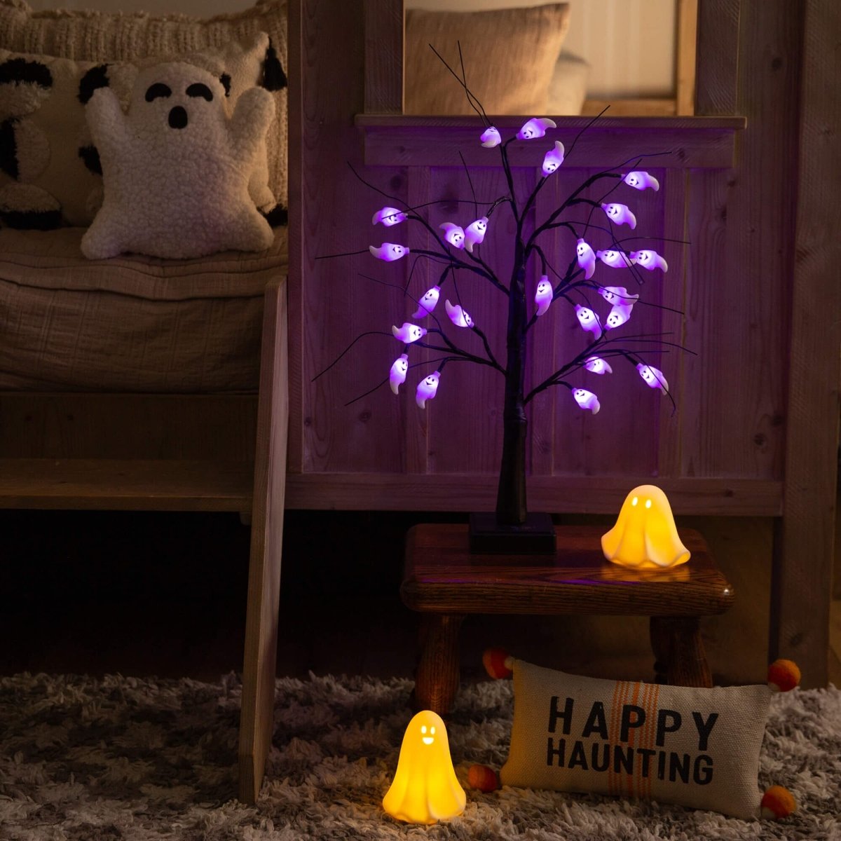 Nearly Natural 2' Pre-Lit Halloween Ghost Twig Tree with 24 Purple LEDs