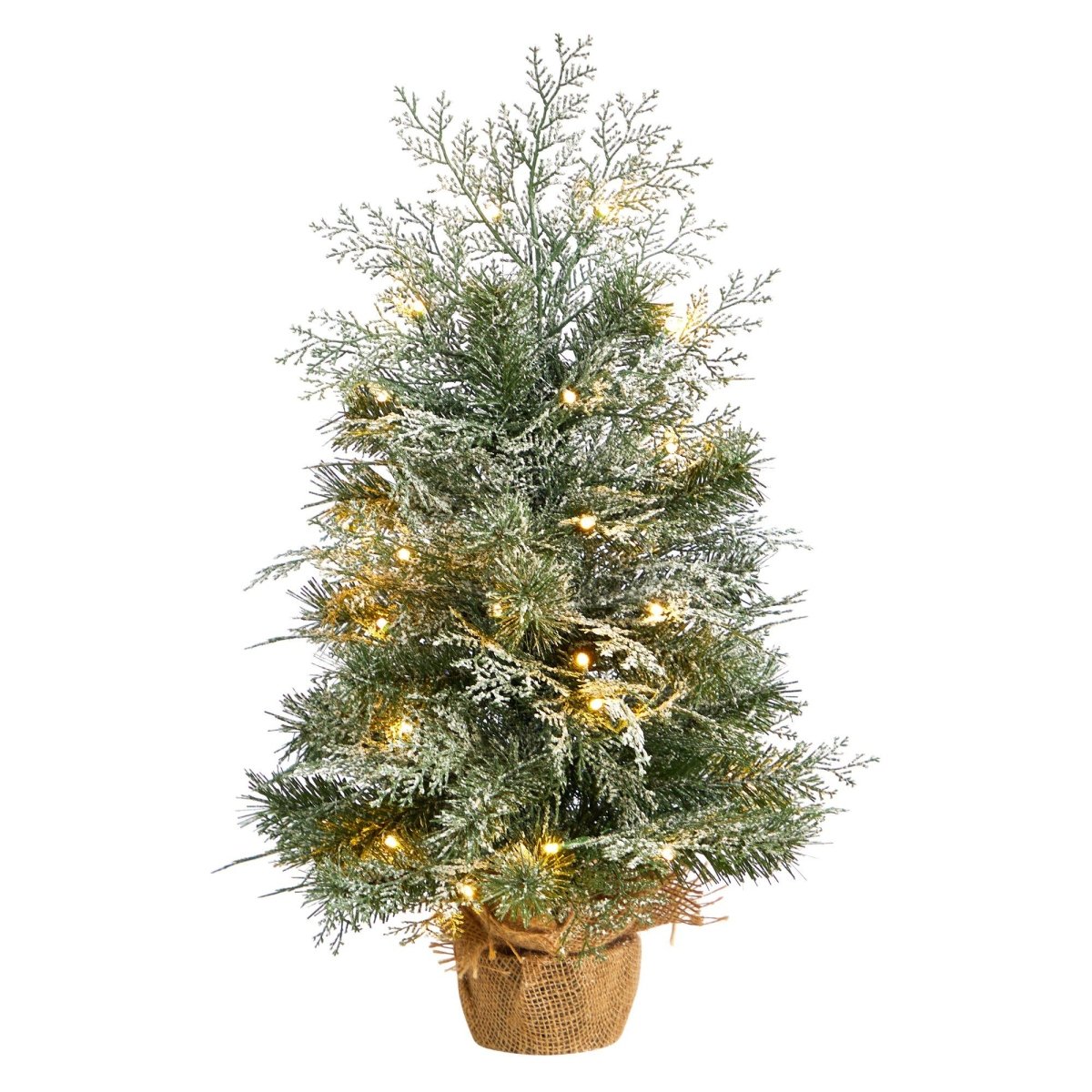 Nearly Natural 2’ Winter Frosted Artificial Christmas Tree with 35 LED Lights in Burlap Base