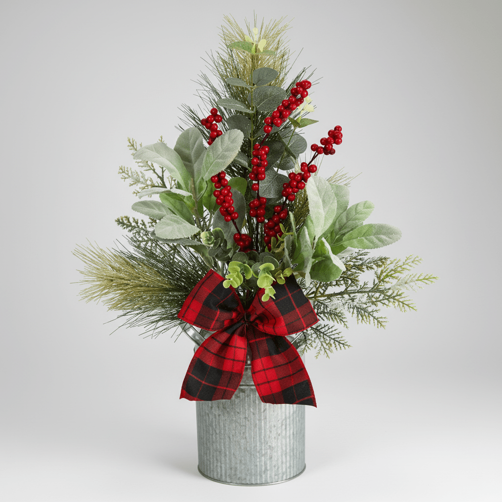 Nearly Natural 20" Artificial Pine Christmas Centerpiece - Berries, Pinecones, Tin Vase