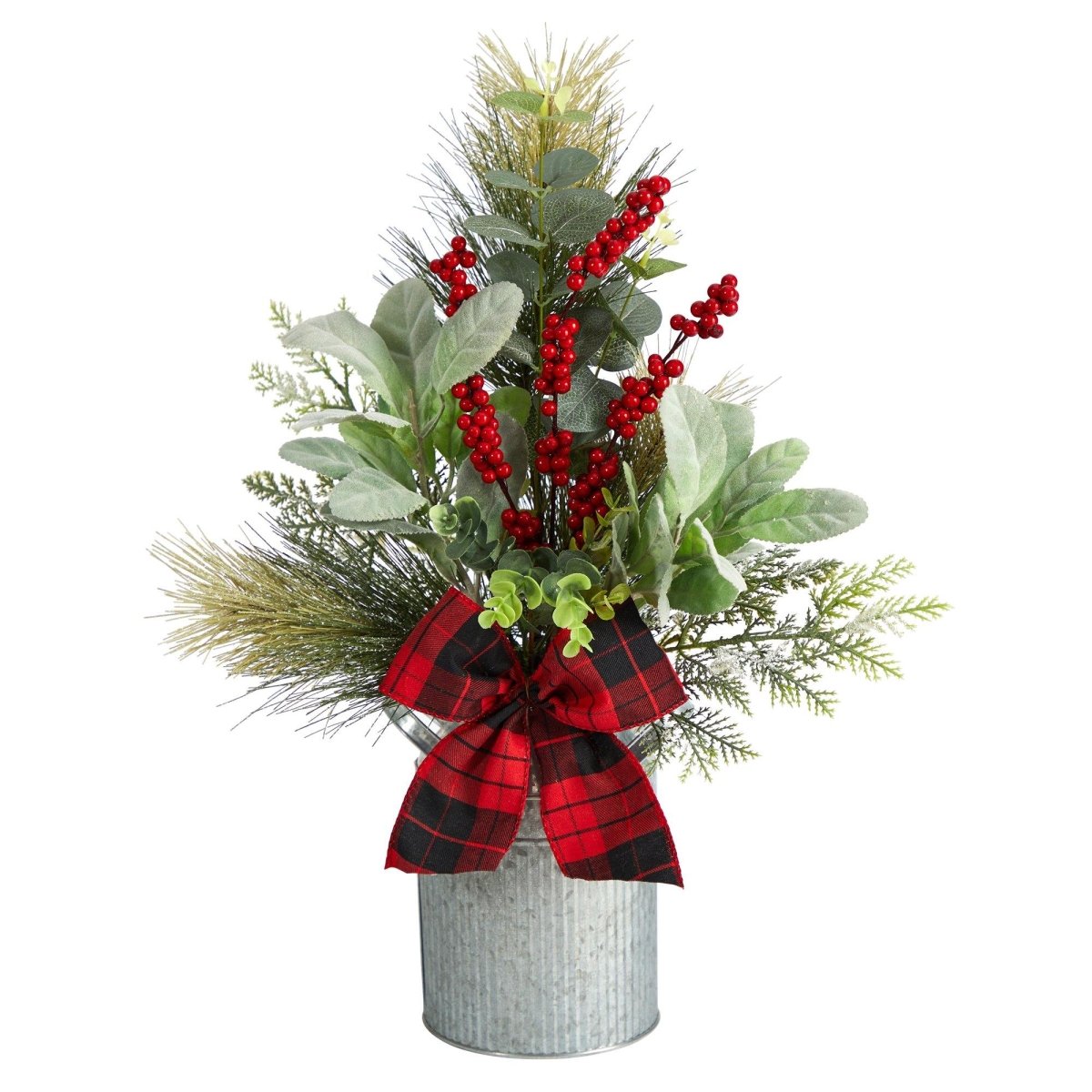 Nearly Natural 20" Artificial Pine Christmas Centerpiece - Berries, Pinecones, Tin Vase