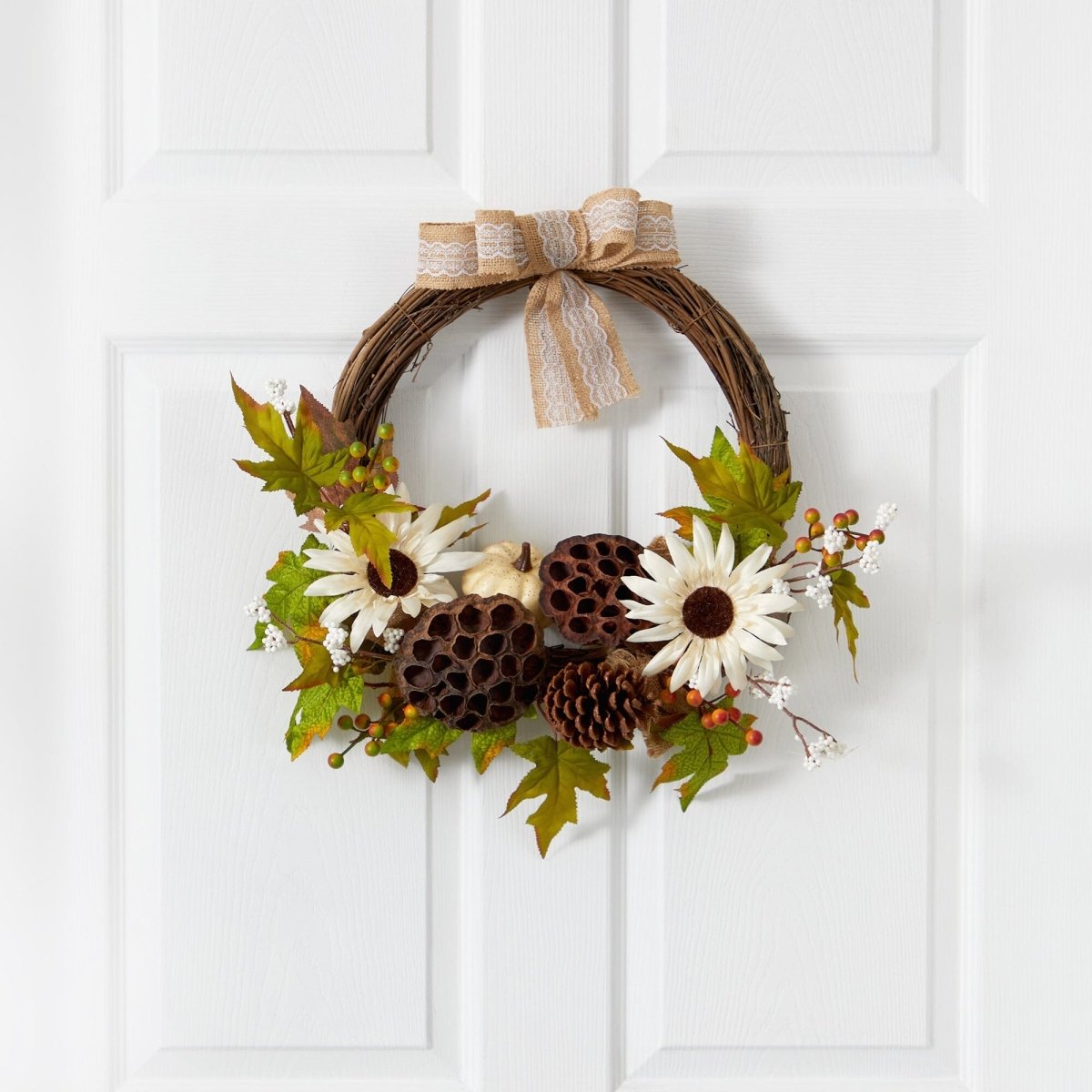 Nearly Natural 20” Autumn Sunflower, White Pumpkin and Dried Lotus Pod Artificial Fall Wreath with Decorative Bow