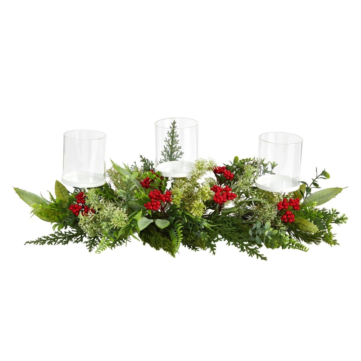 Nearly Natural 20” Holiday Winter Greenery and Berries Triple Candle Holder Artificial Christmas Table Arrangement