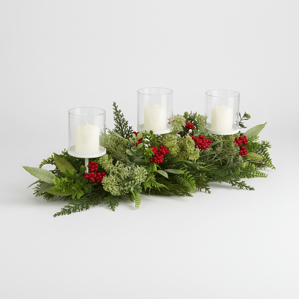 Nearly Natural 20” Holiday Winter Greenery and Berries Triple Candle Holder Artificial Christmas Table Arrangement