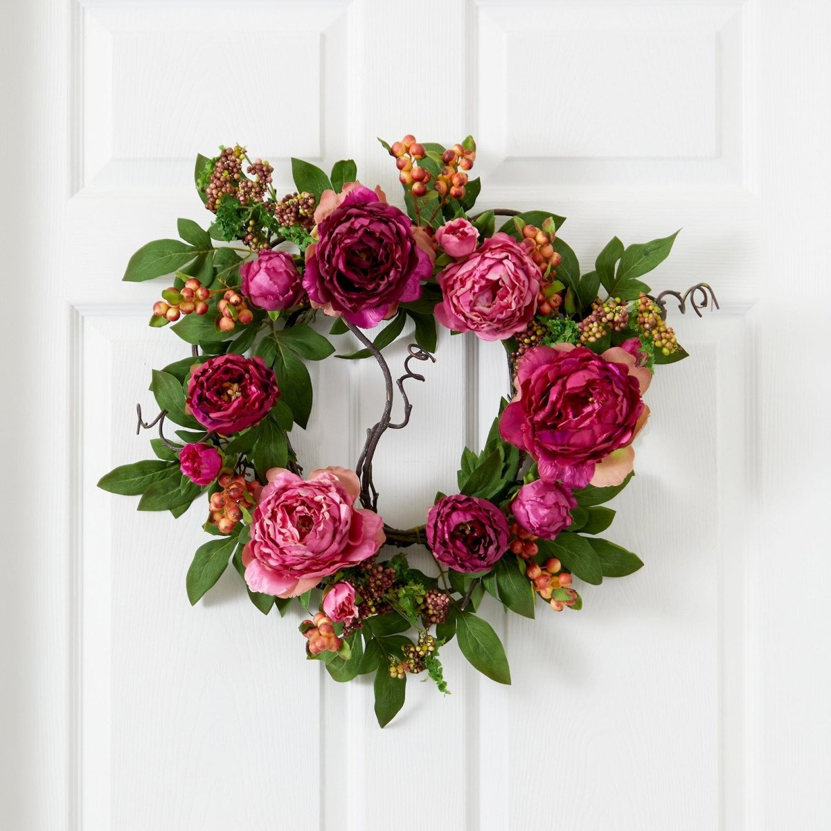 Nearly Natural 20" Peony & Berry Artificial Wreath - Red & Pink Floral Door Decor