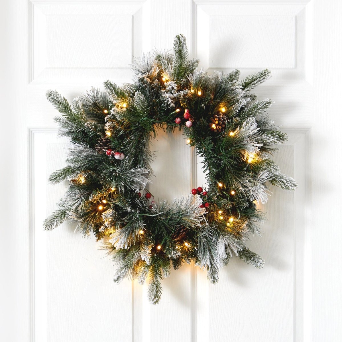 Nearly Natural 20" Pre - Lit Flocked Pine Christmas Wreath - 50 LED Lights, Snow Dusted