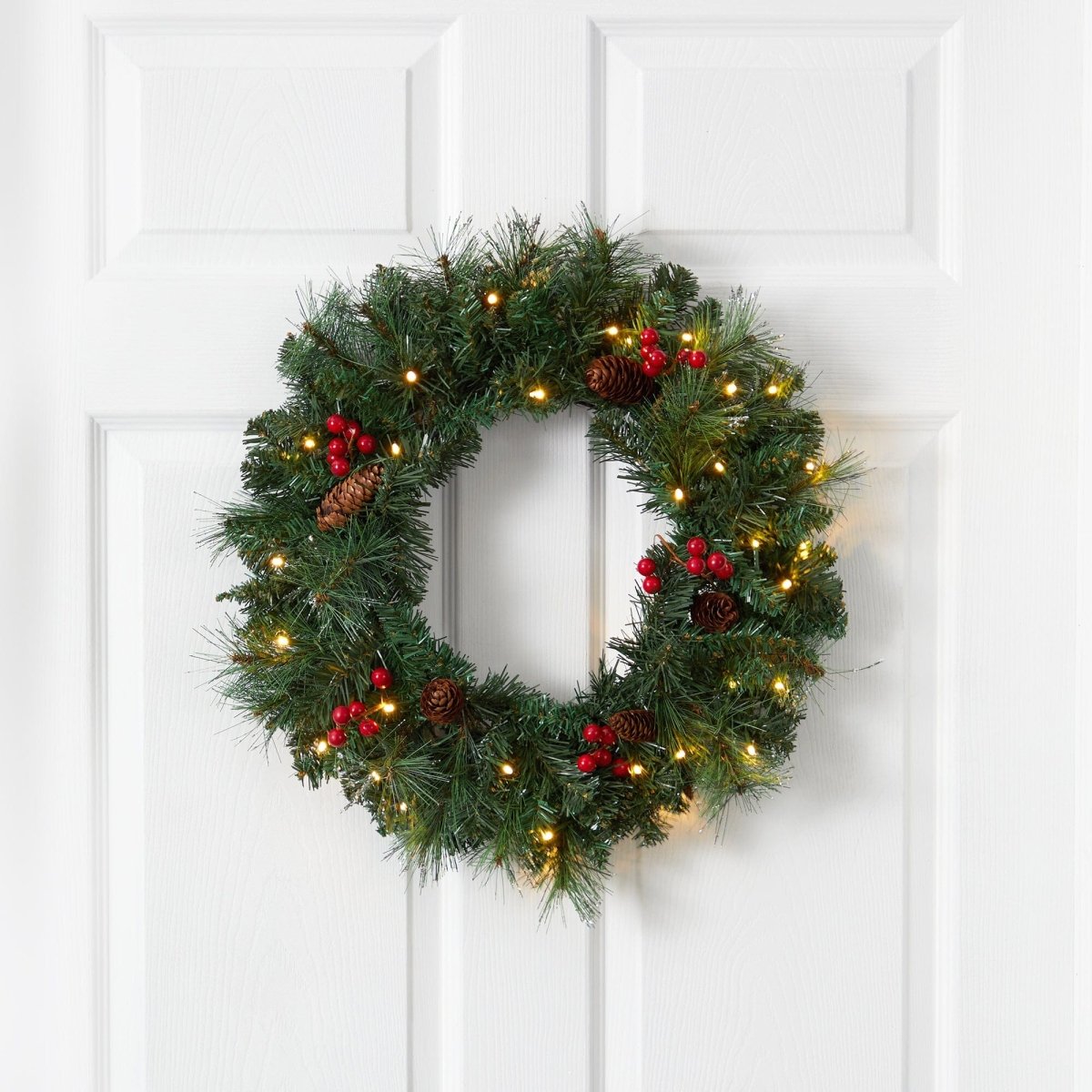 Nearly Natural 20" Pre - Lit Frosted Pine Christmas Wreath with Pinecones & 35 LED Lights
