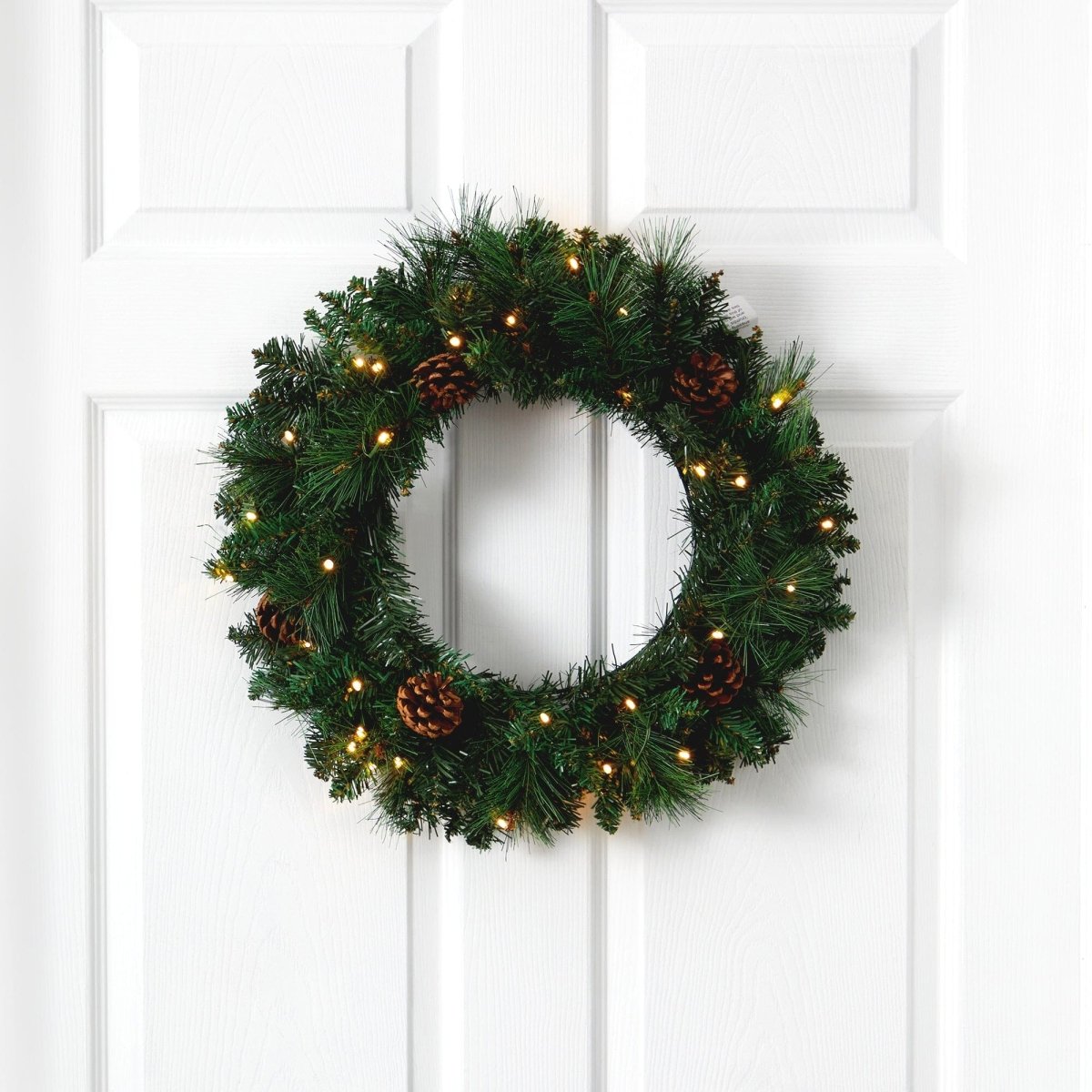 Nearly Natural 20" Pre - Lit Pine Christmas Wreath - 35 LED Lights & Pinecones