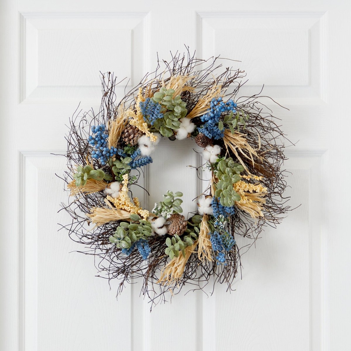Nearly Natural 22” Autumn Cotton, Eucalyptus, Berries and Pinecones Artificial Fall Wreath