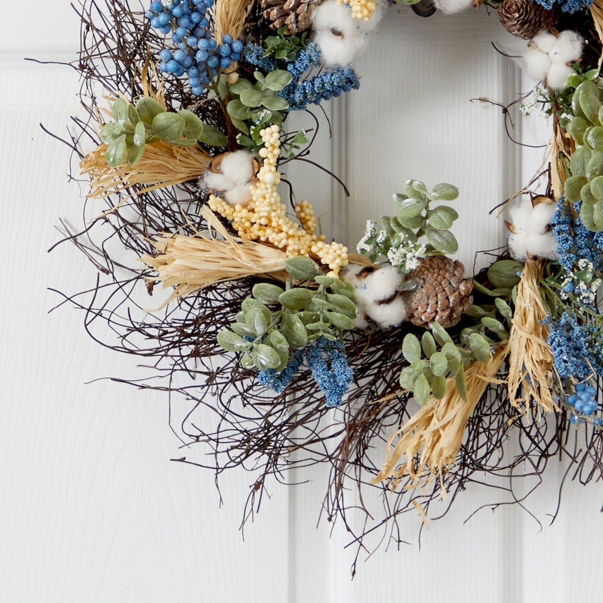 Nearly Natural 22” Autumn Cotton, Eucalyptus, Berries and Pinecones Artificial Fall Wreath
