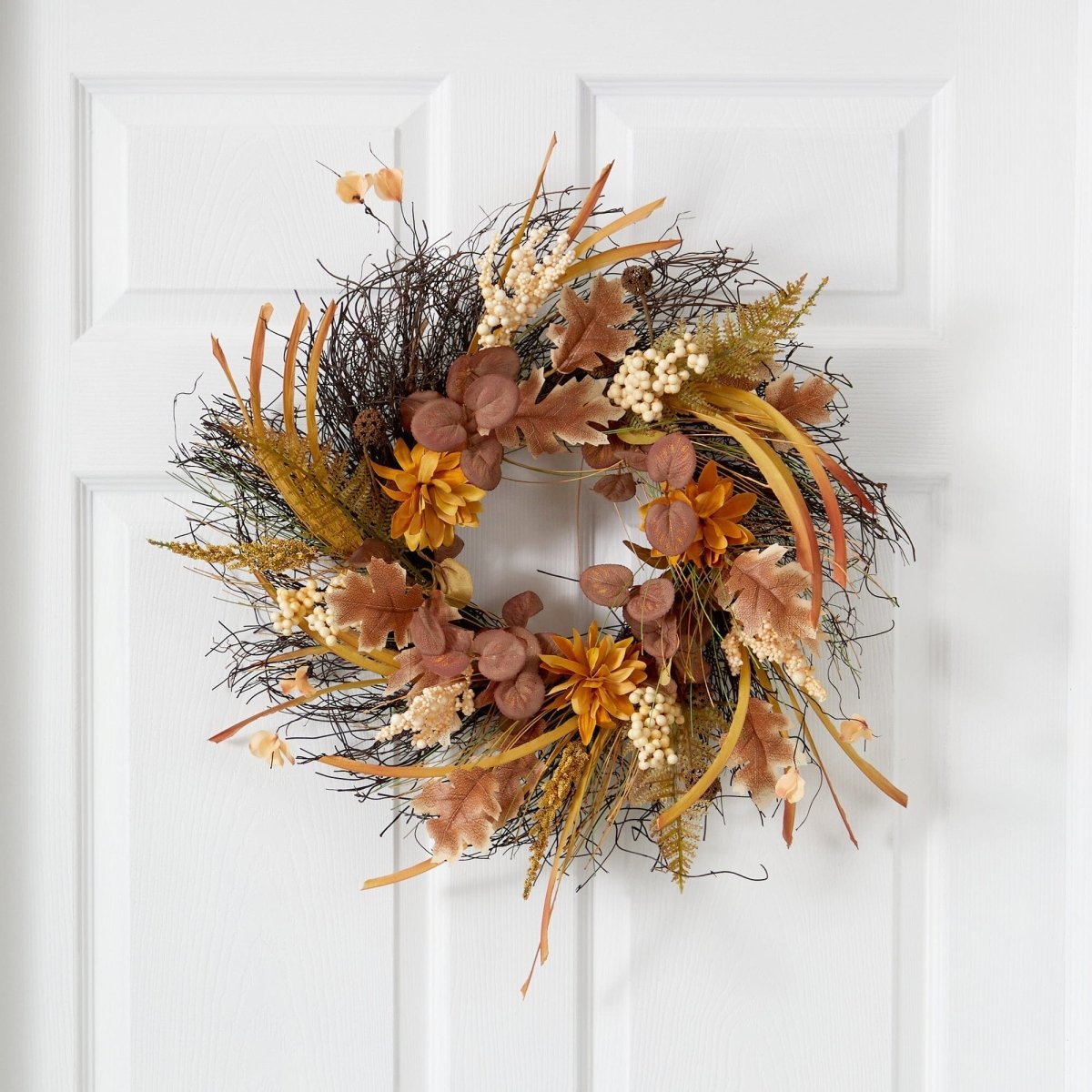 Nearly Natural 22” Autumn Dahlia and Berries Artificial Fall Wreath