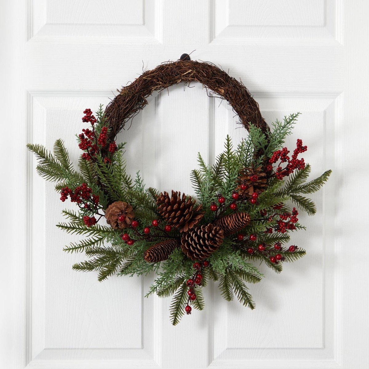Nearly Natural 22" Mixed Pine Cedar Wreath with Red Berries & Pinecones - Artificial