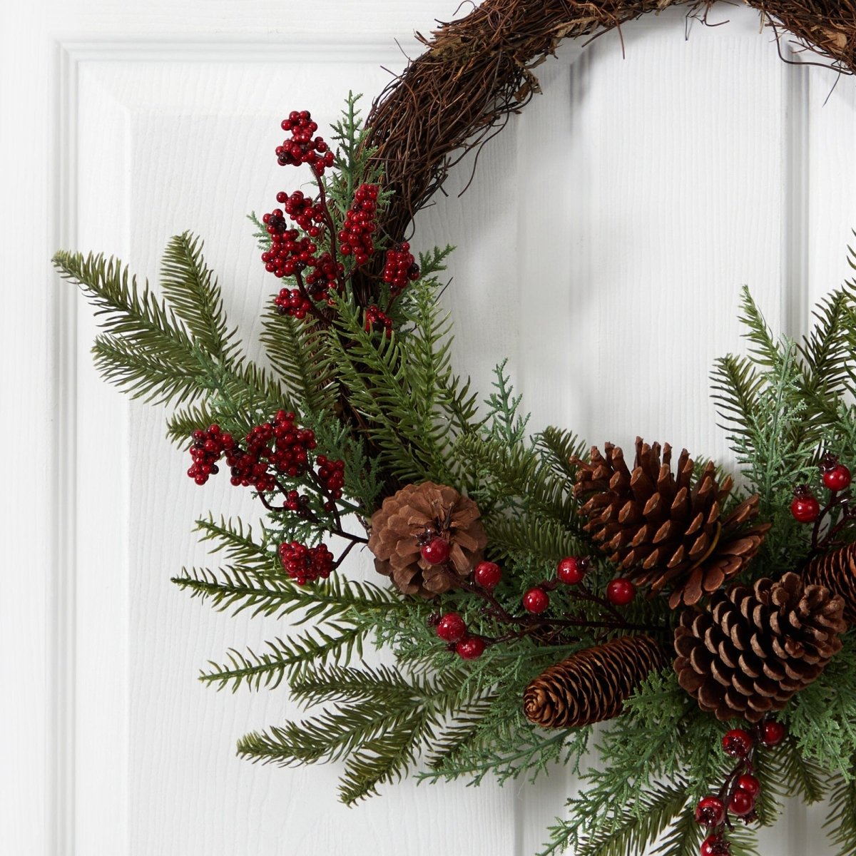 Nearly Natural 22" Mixed Pine Cedar Wreath with Red Berries & Pinecones - Artificial