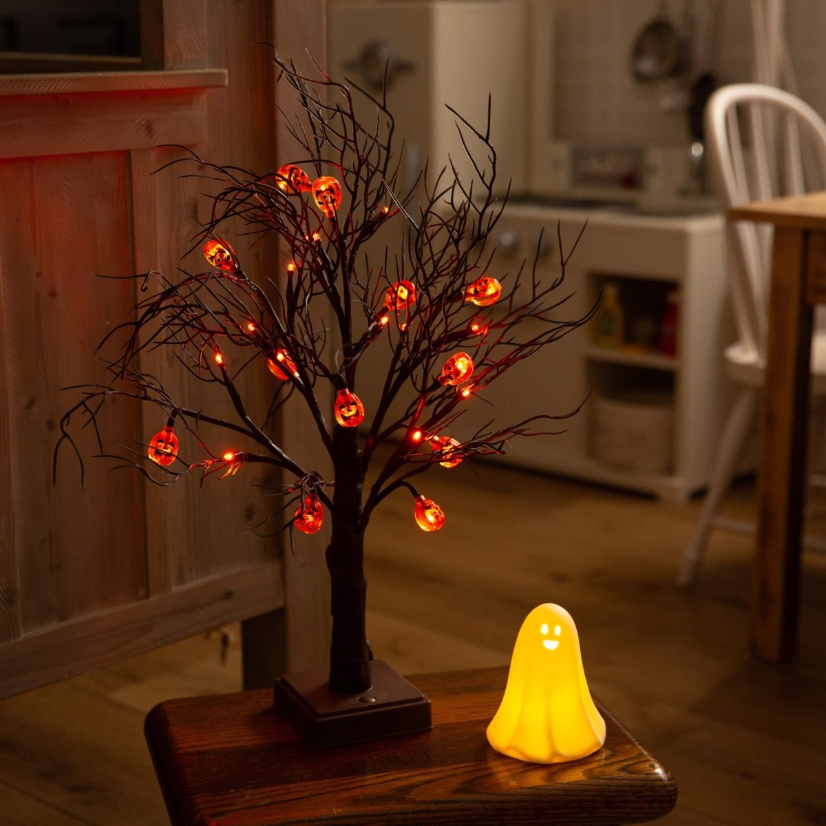 Nearly Natural 22" Pre-Lit Brown Halloween Twig Tree with 12 Orange Pumpkin LEDs