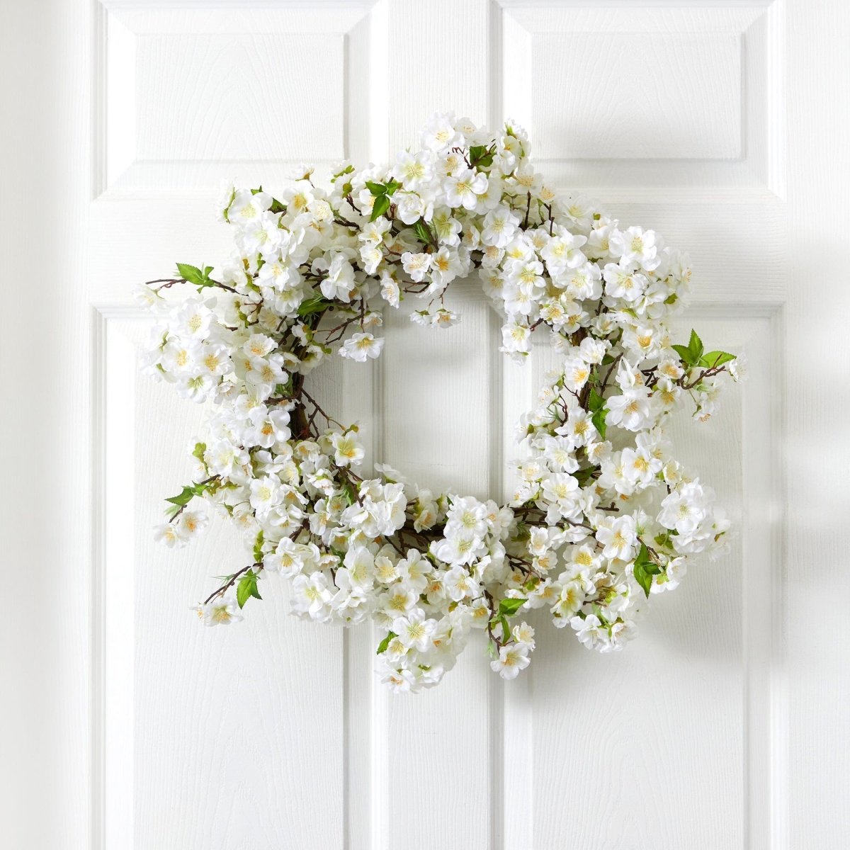 Nearly Natural 24" Artificial White Cherry Blossom Wreath - Spring Door Decor