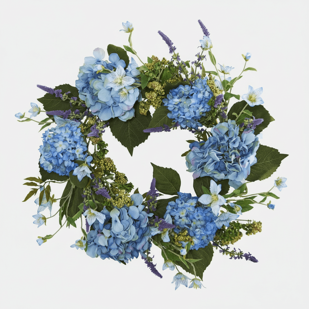 Nearly Natural 24" Blue Hydrangea Artificial Wreath with Green Leaves - 5" Deep