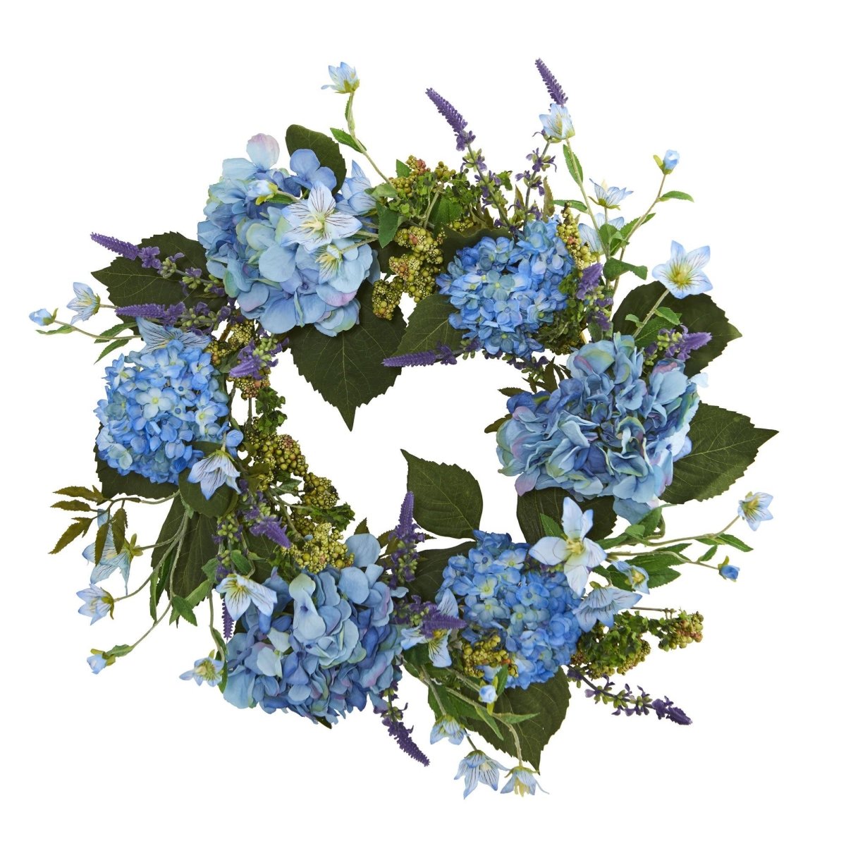 Nearly Natural 24" Blue Hydrangea Artificial Wreath with Green Leaves - 5" Deep