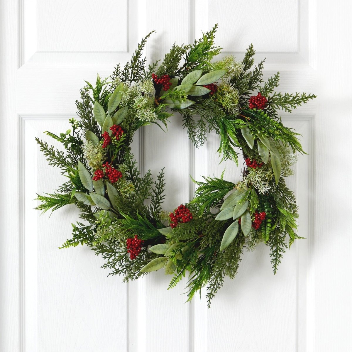 Nearly Natural 24" Cedar Eucalyptus Berry Artificial Christmas Wreath - Modern Farmhouse