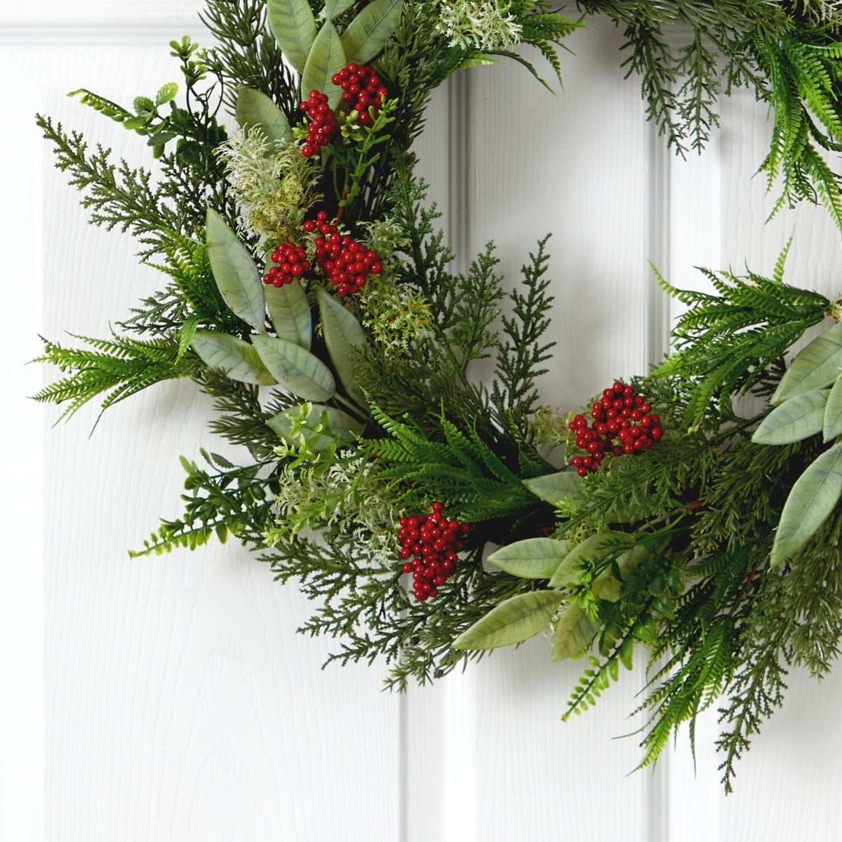 Nearly Natural 24" Cedar Eucalyptus Berry Artificial Christmas Wreath - Modern Farmhouse