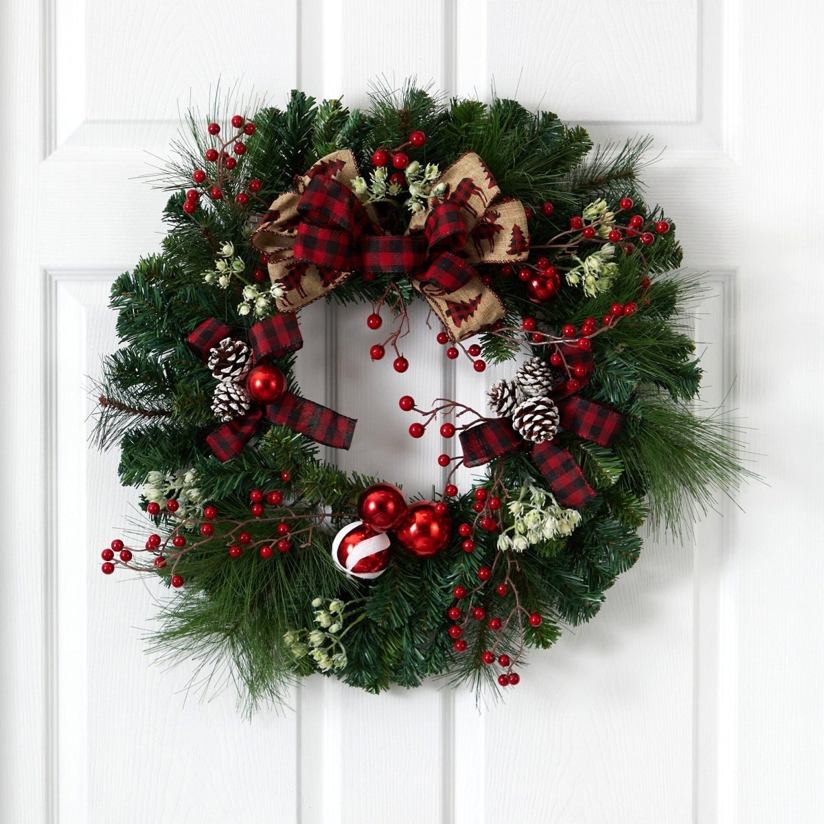 Nearly Natural 24" Christmas Pine Wreath with Pine Cones, Red Berries & Bow