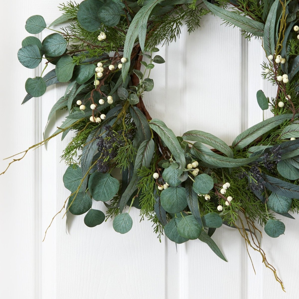 Nearly Natural 24" Eucalyptus Mixed Greens Artificial Wreath with White Berries
