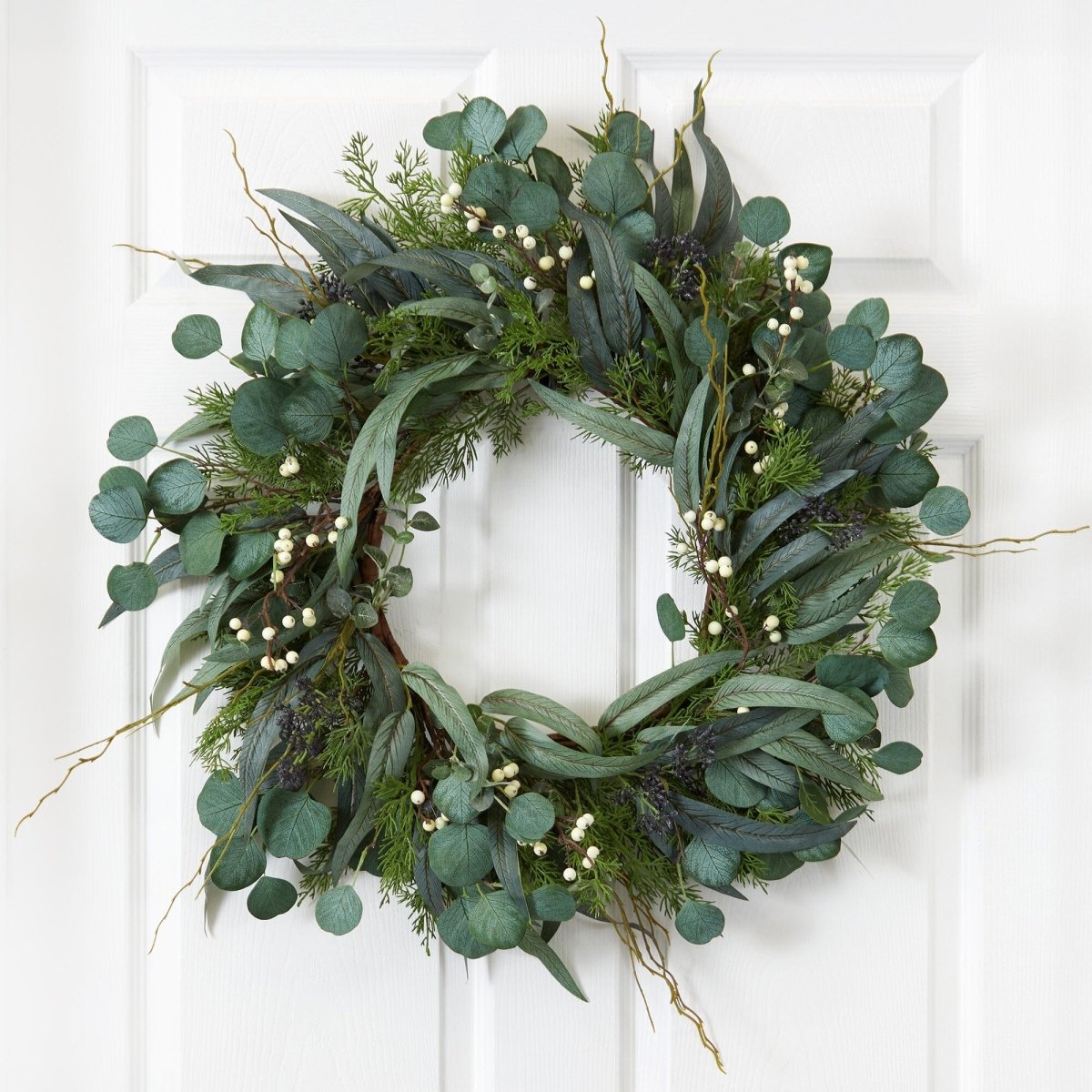 Nearly Natural 24" Eucalyptus Mixed Greens Artificial Wreath with White Berries