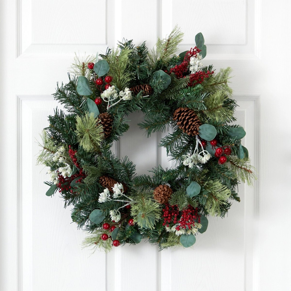 Nearly Natural 24" Eucalyptus Pine Artificial Wreath with Berries & Pine Cones