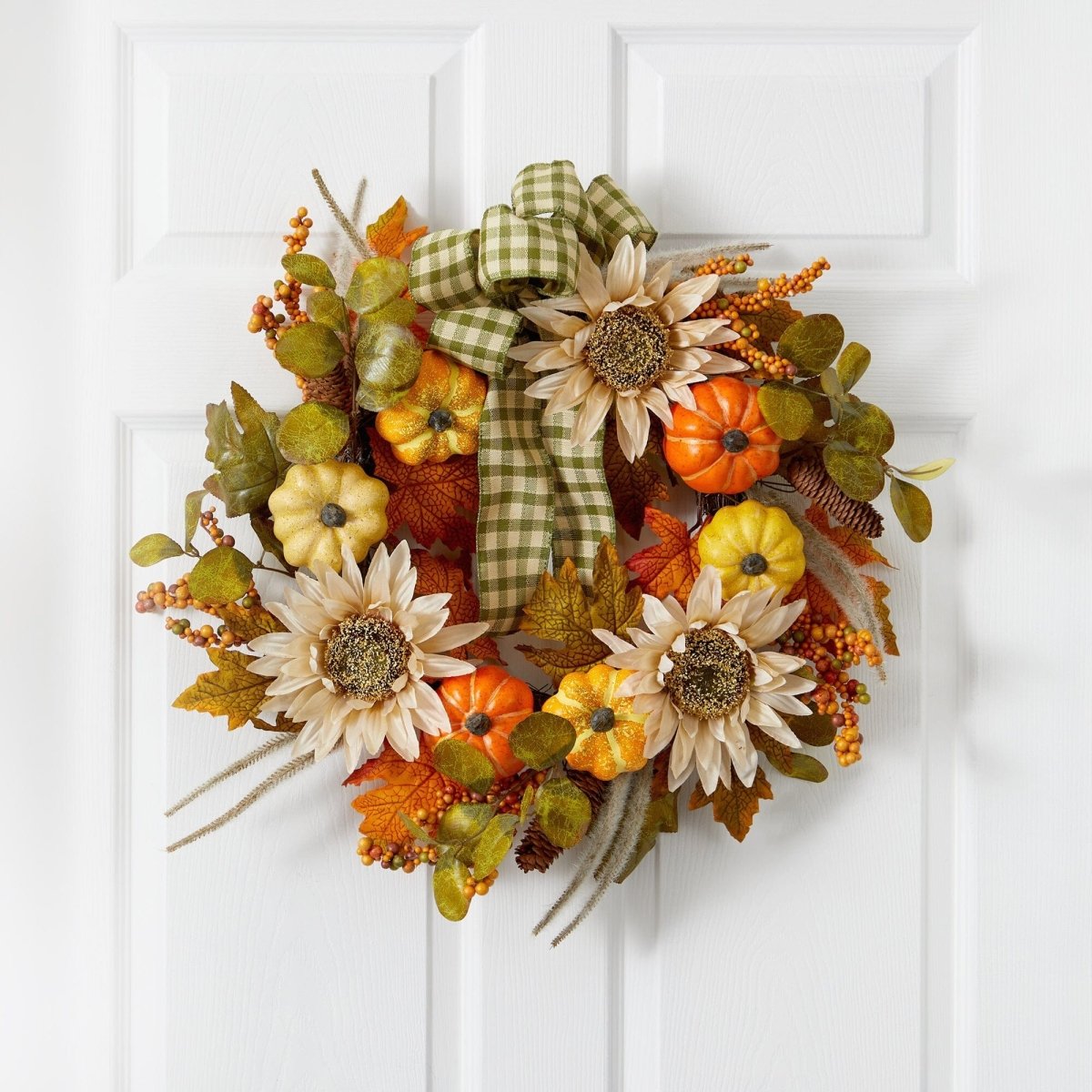 Nearly Natural 24” Fall Pumpkin, Sunflower Artificial Autumn Wreath with Decorative Ribbon