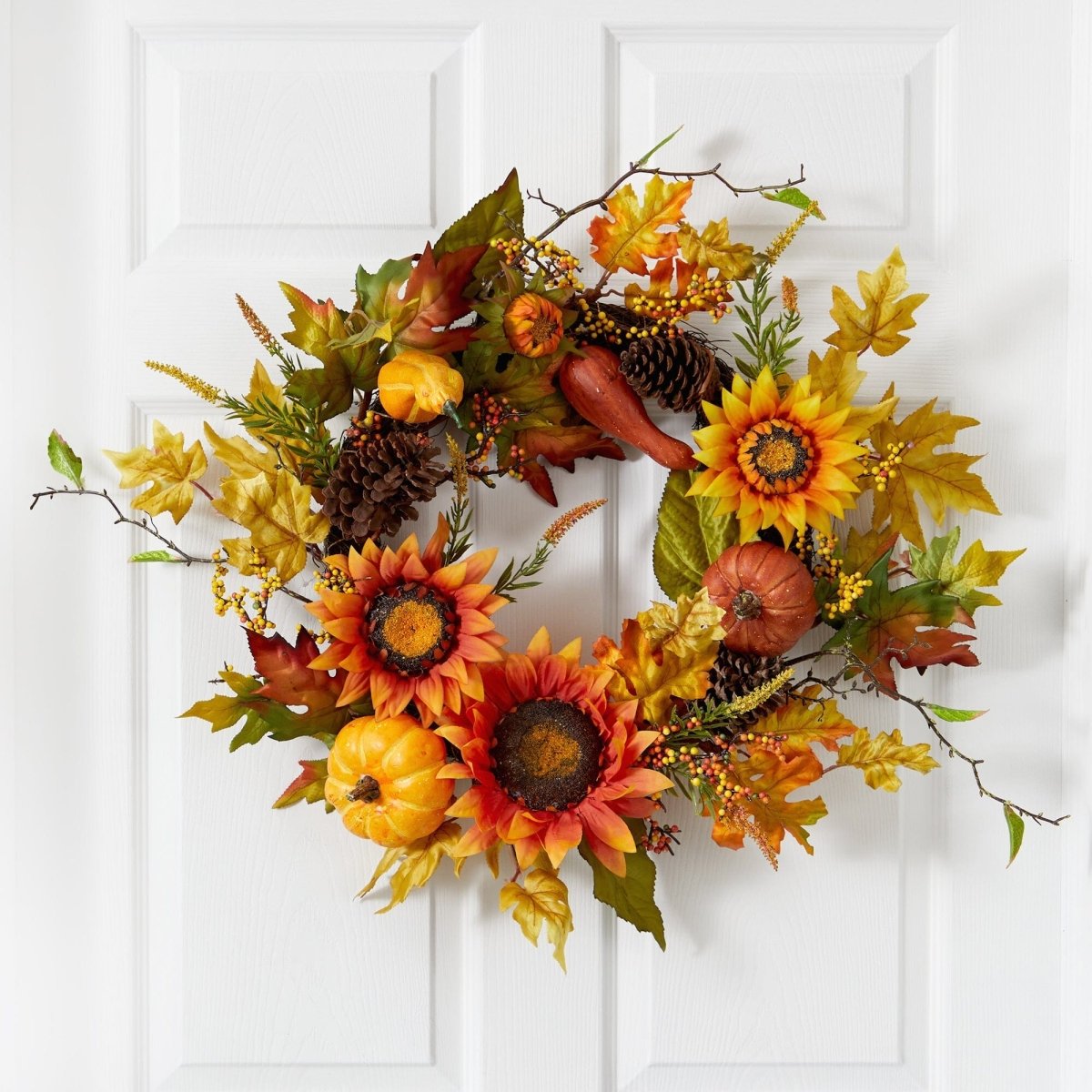 Nearly Natural 24” Fall Sunflower, Pumpkin, Gourds, Pinecone and Berries Autumn Artificial Wreath