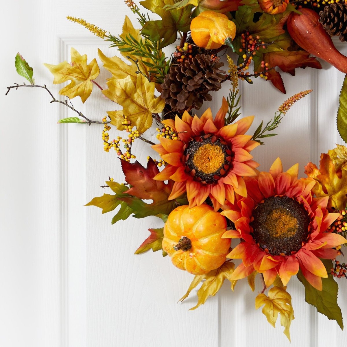 Nearly Natural 24” Fall Sunflower, Pumpkin, Gourds, Pinecone and Berries Autumn Artificial Wreath