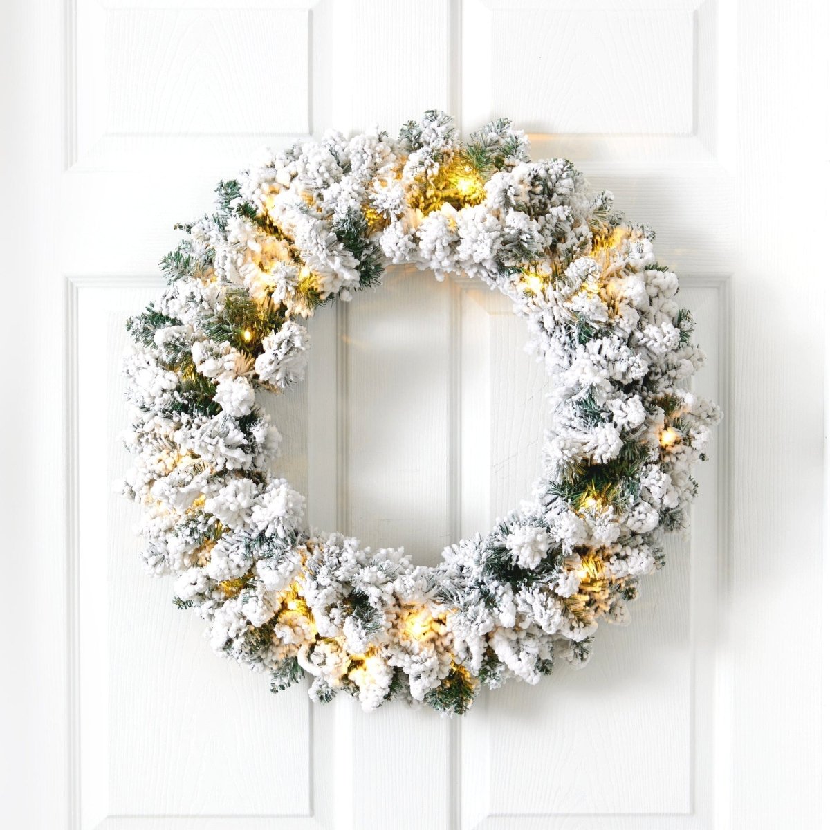 Nearly Natural 24” Flocked Artificial Christmas Wreath with 160 Bendable Branches and 35 Warm White LED Lights