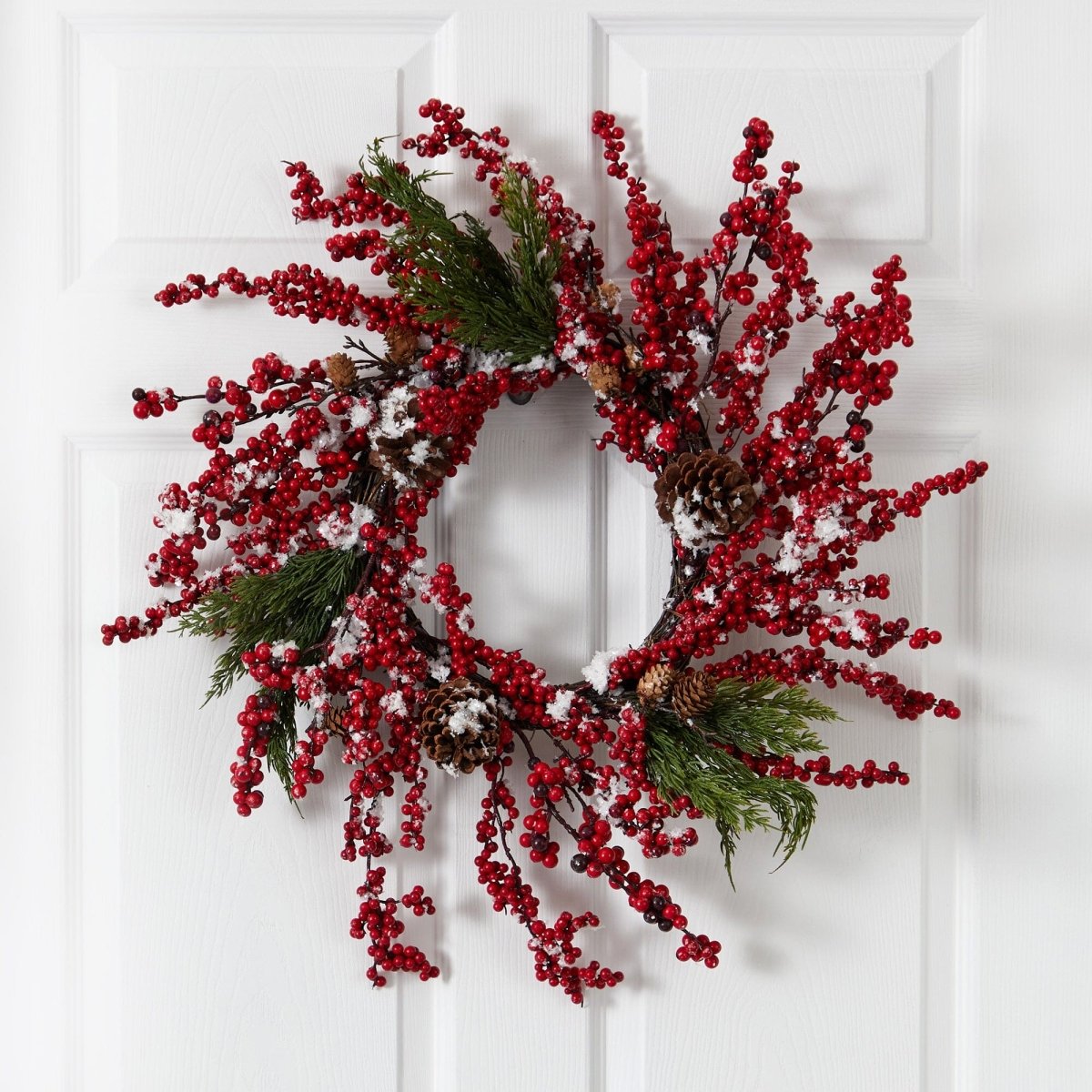 Nearly Natural 24" Frosted Cypress Wreath with Red Berries & Pine Cones