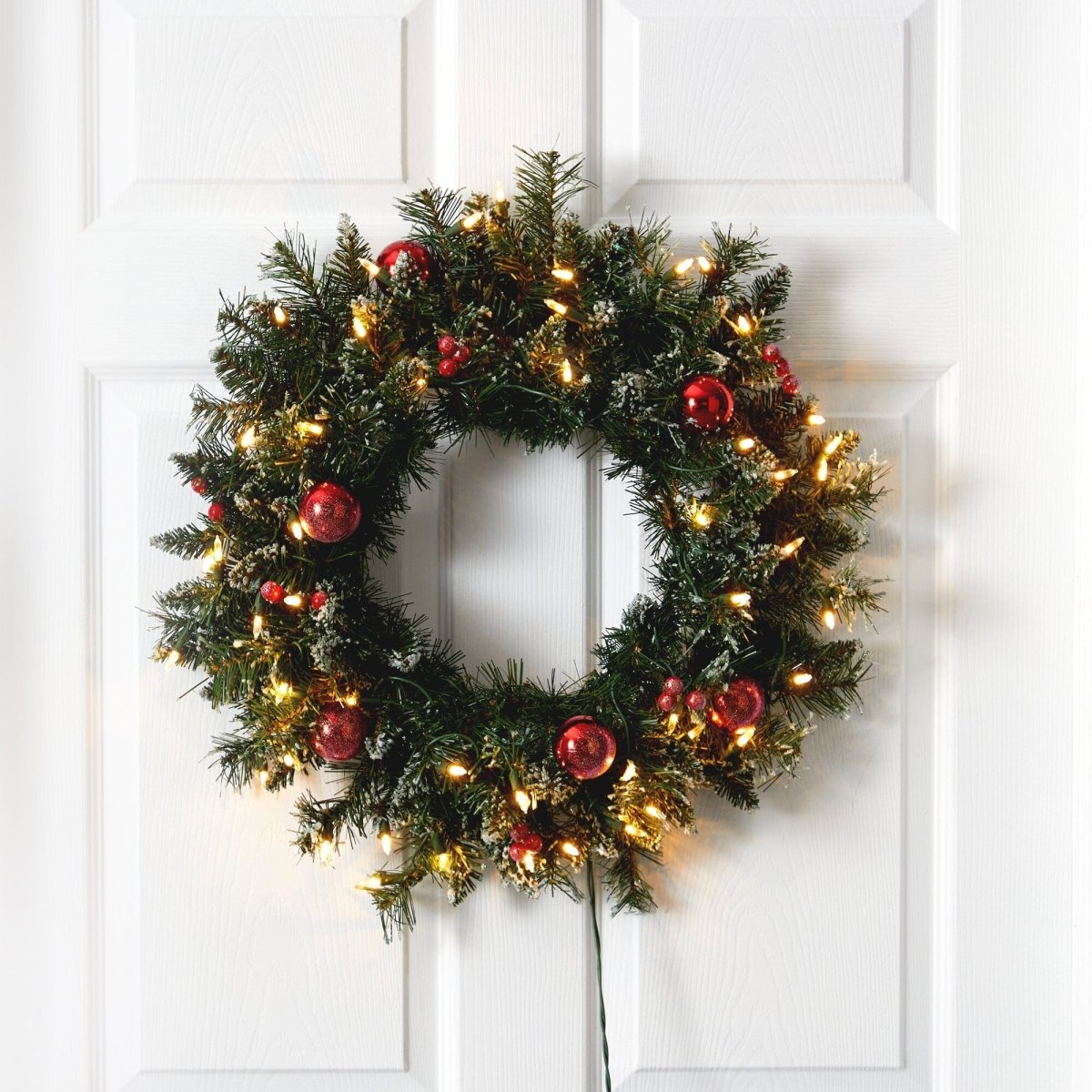 Nearly Natural 24" Frosted Pre - Lit Christmas Wreath - 50 LED Lights, Ornaments & Berries