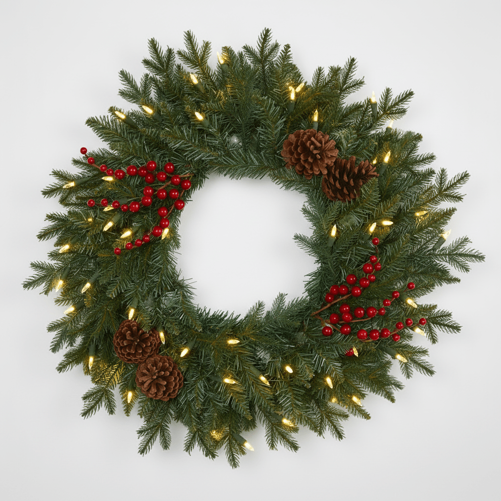 Nearly Natural 24” Green Pine Artificial Christmas Wreath with 50 Warm White LED Lights, Berries and Pine Cones