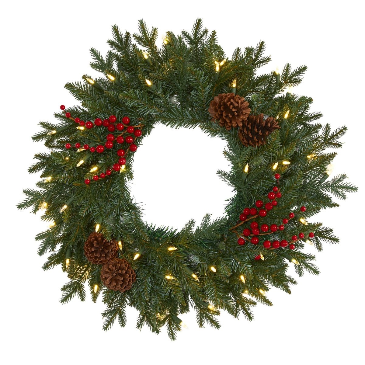 Nearly Natural 24” Green Pine Artificial Christmas Wreath with 50 Warm White LED Lights, Berries and Pine Cones
