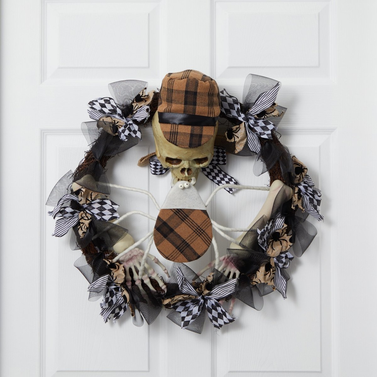 Nearly Natural 24” Halloween Skull in Plaid Mesh Wreath