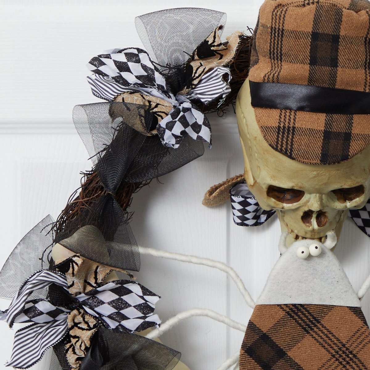Nearly Natural 24” Halloween Skull in Plaid Mesh Wreath