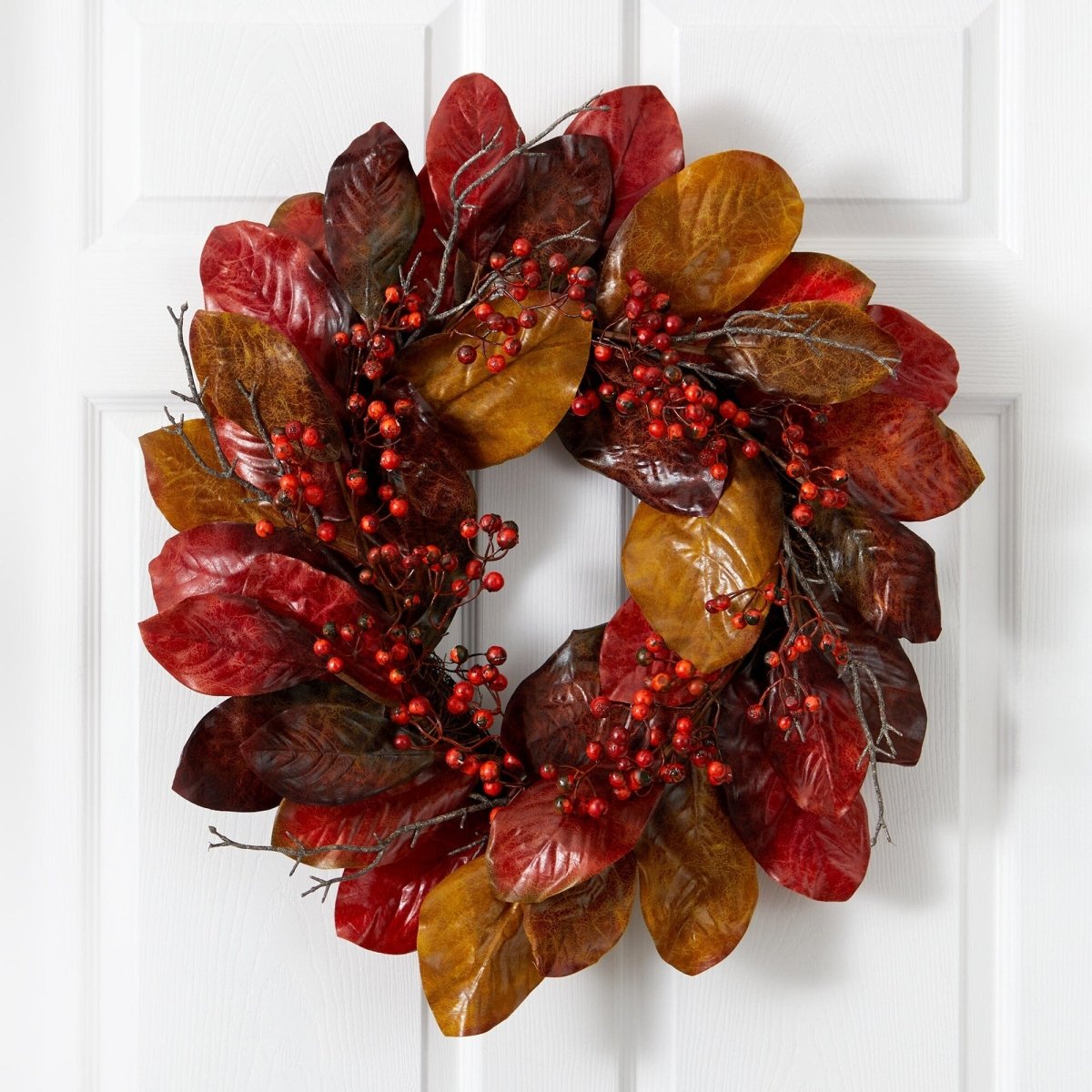 Nearly Natural 24” Harvest Magnolia Leaf and Berries Artificial Wreath