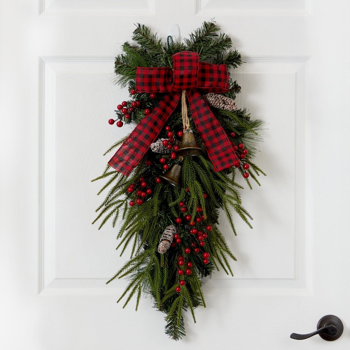 Nearly Natural 24” Holiday Christmas Pine Cones, Berry and Bells Wreath