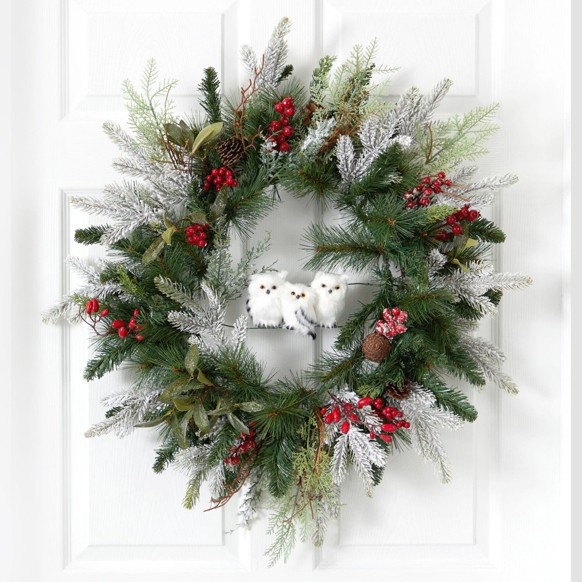 Nearly Natural 24” Holiday Winter Owl Family Pinecone Berry Christmas Artificial Wreath