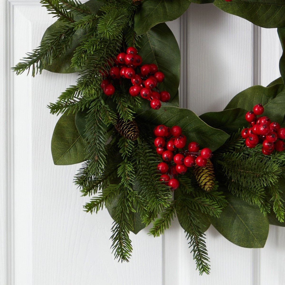 Nearly Natural 24" Magnolia Leaf Berry Pine Wreath - Red Green Christmas Decor
