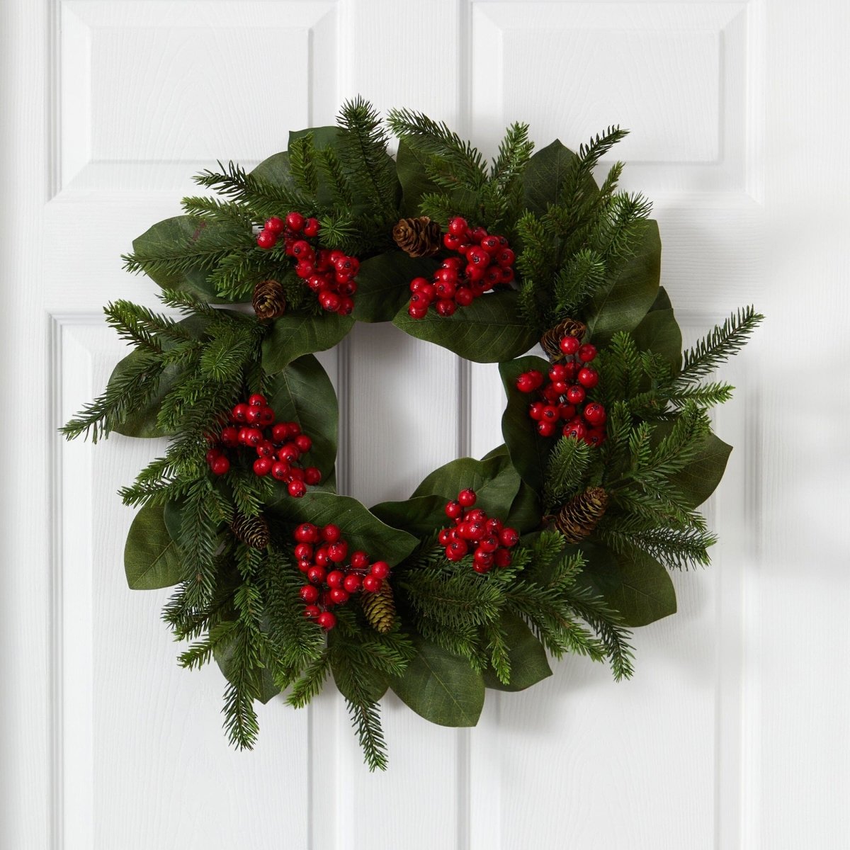 Nearly Natural 24" Magnolia Leaf Berry Pine Wreath - Red Green Christmas Decor
