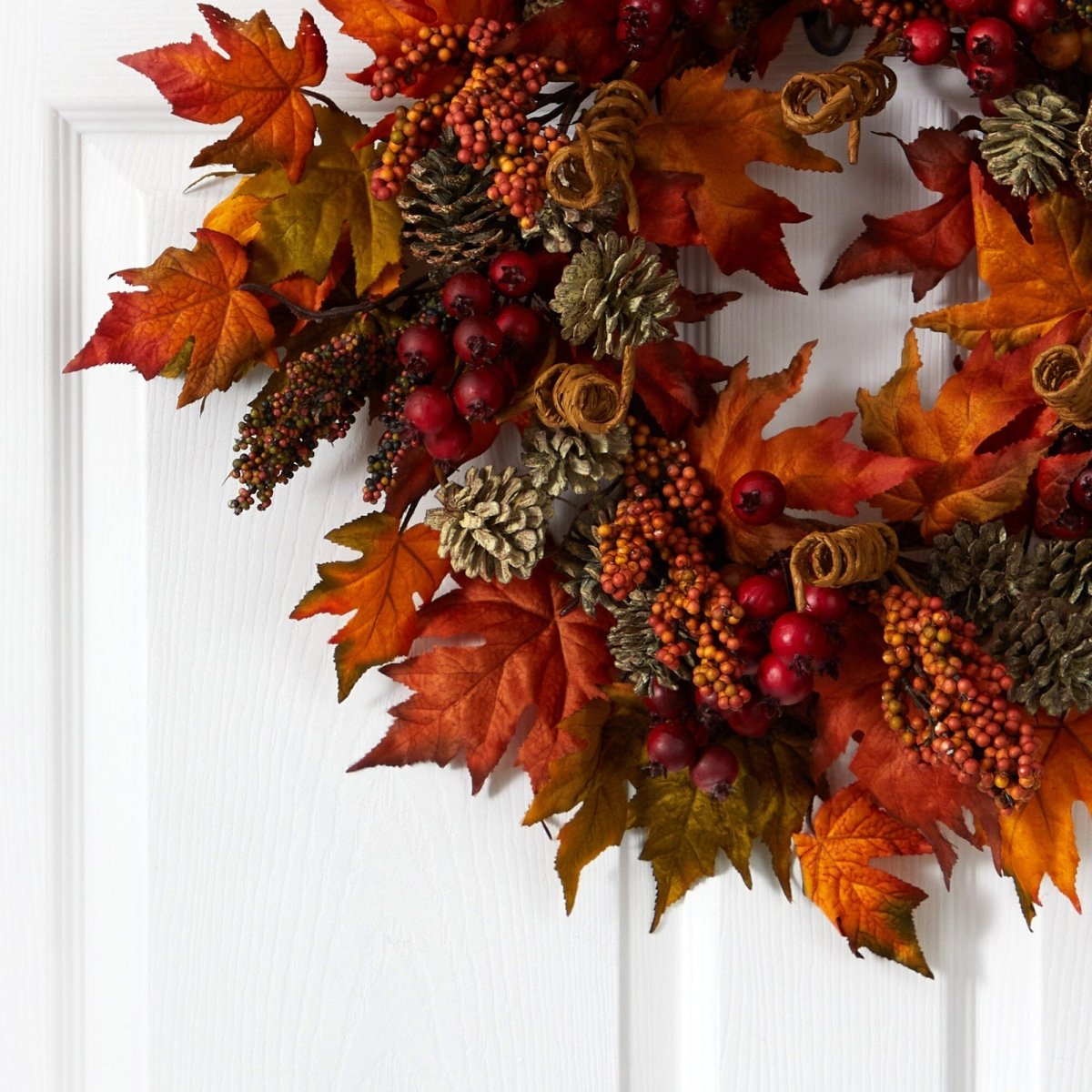 Nearly Natural 24" Maple and Berry Wreath - Autumn Fall Door Decor with Pinecones