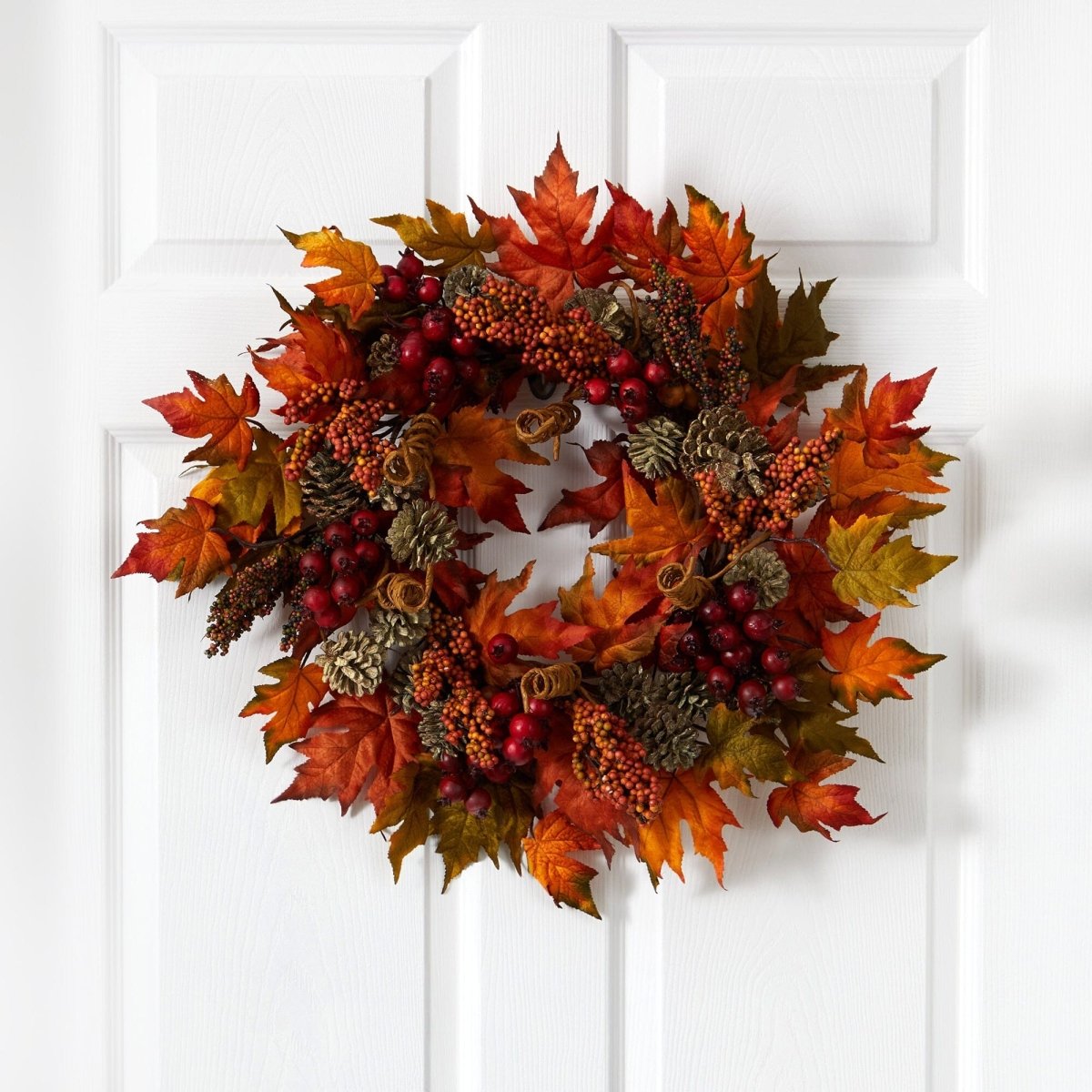 Nearly Natural 24" Maple and Berry Wreath - Autumn Fall Door Decor with Pinecones