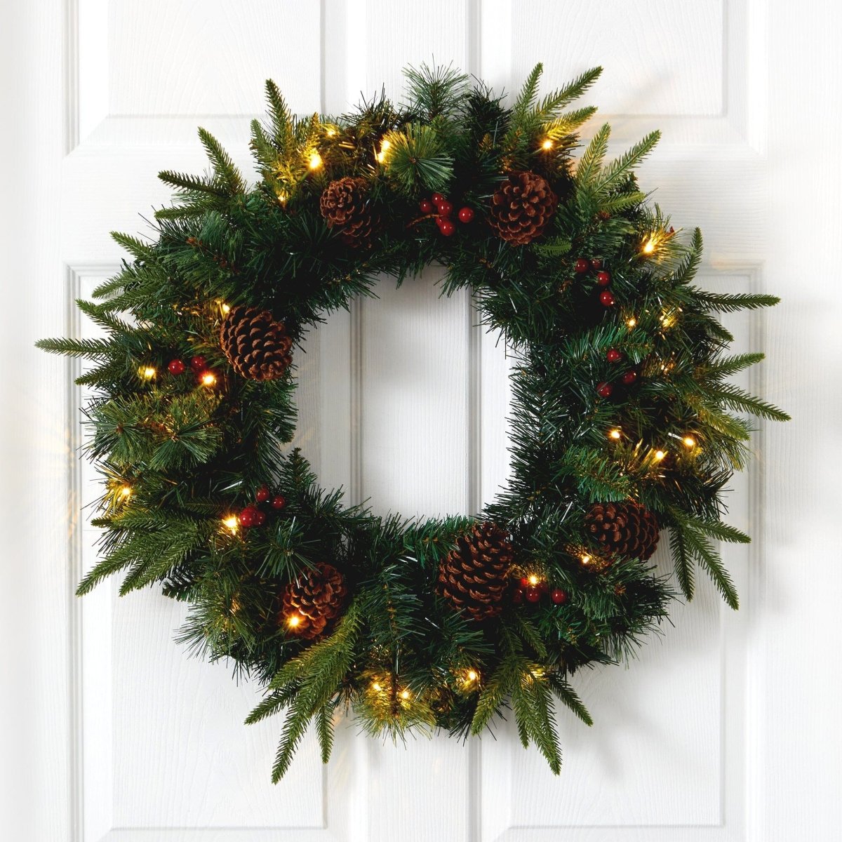 Nearly Natural 24” Mixed Pine Artificial Christmas Wreath with 35 Clear LED Lights and Berries