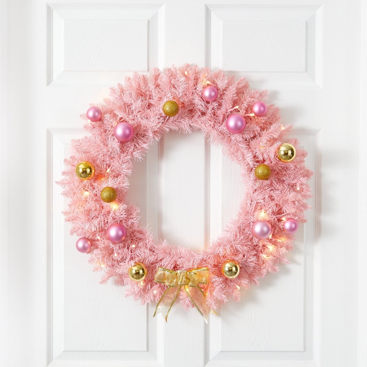 Nearly Natural 24" Pink Flocked Christmas Wreath - Pre - Lit 35 LED Lights & Ornaments
