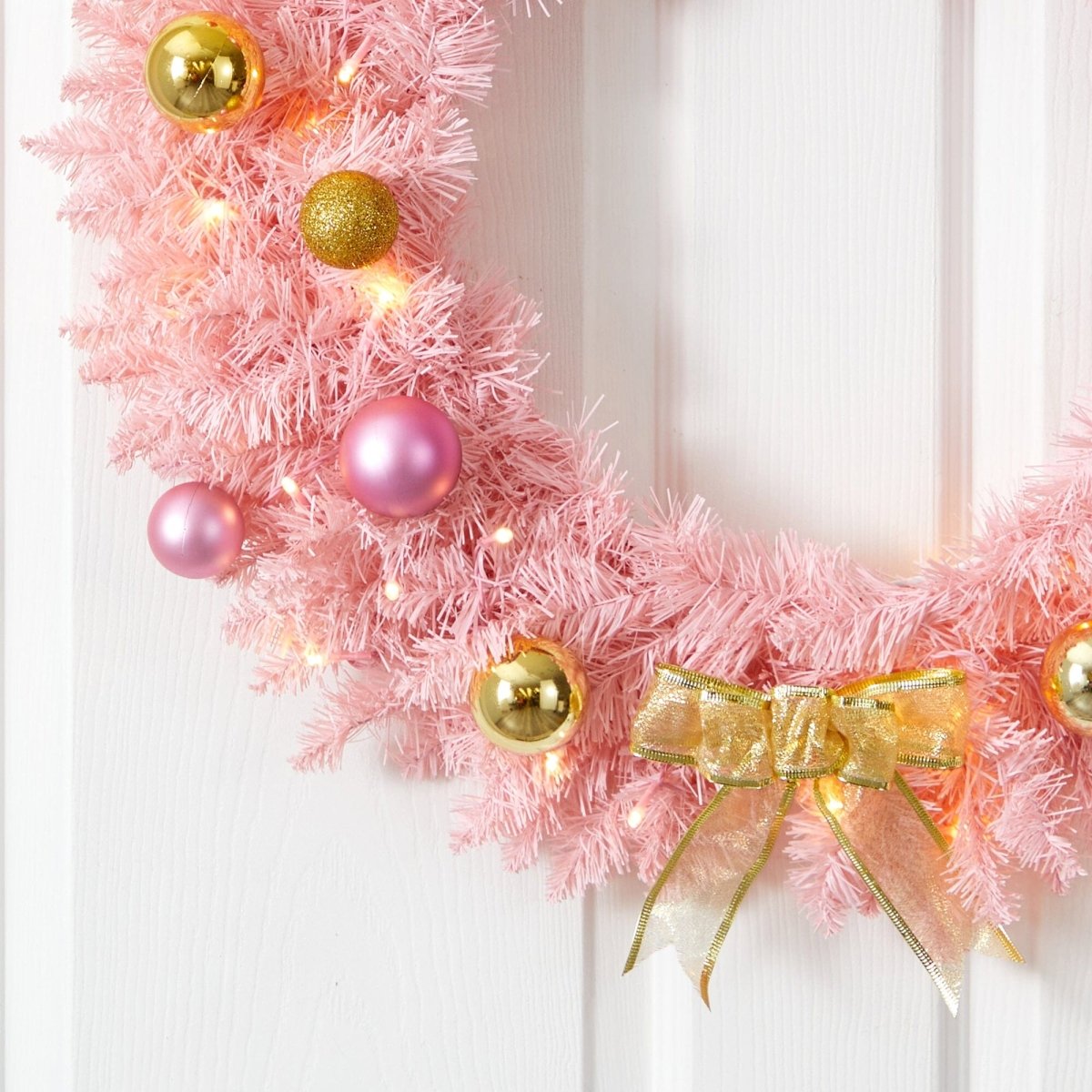 Nearly Natural 24" Pink Flocked Christmas Wreath - Pre - Lit 35 LED Lights & Ornaments