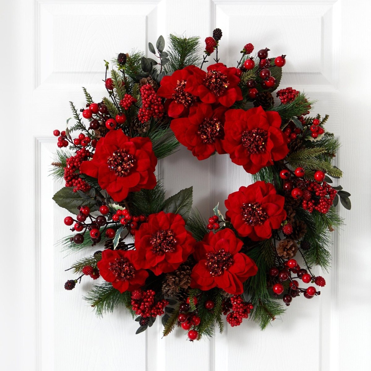 Nearly Natural 24" Poinsettia Berry Christmas Wreath - Red & Green Holiday Door Decor