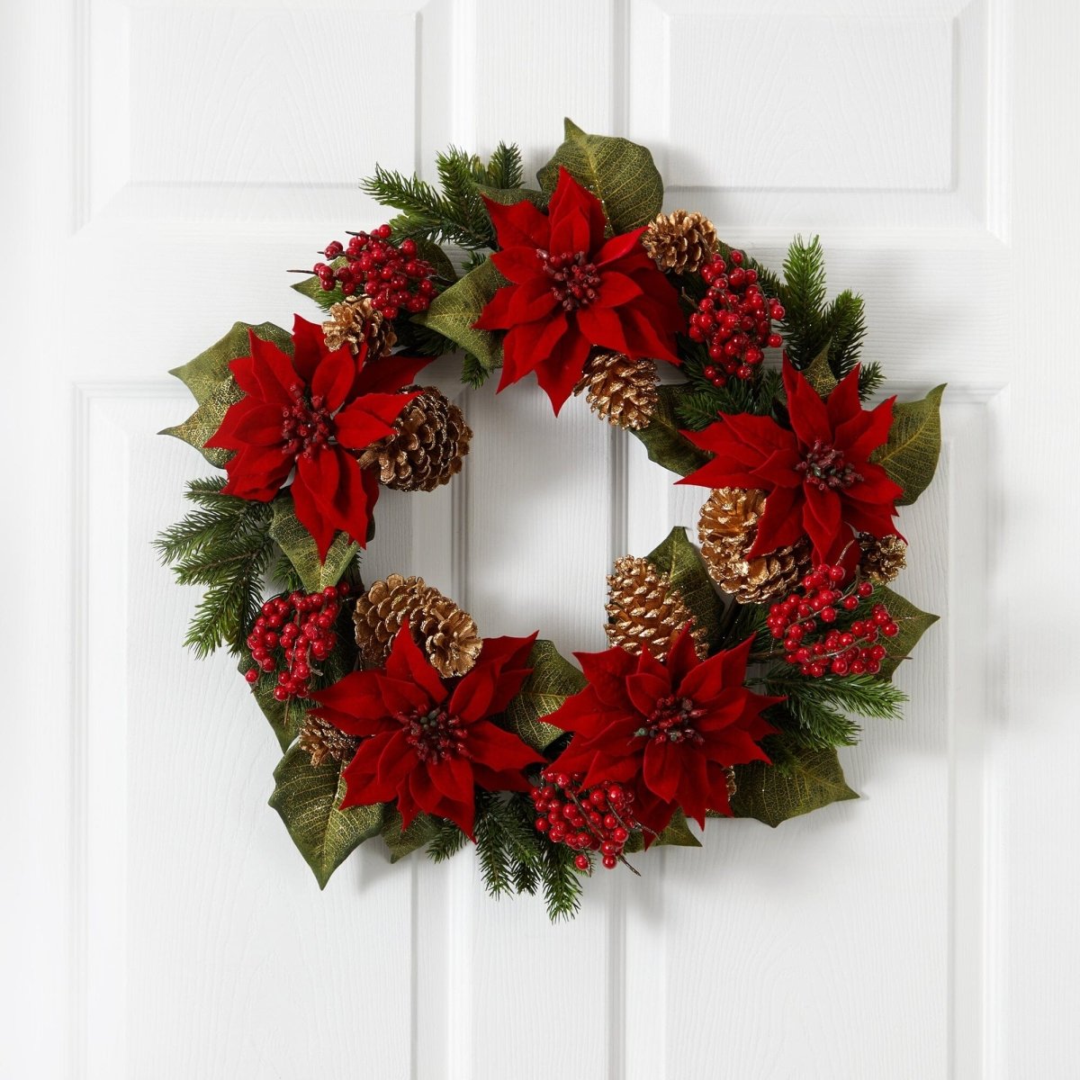 Nearly Natural 24" Poinsettia Wreath with Golden Pine Cones & Red Berries