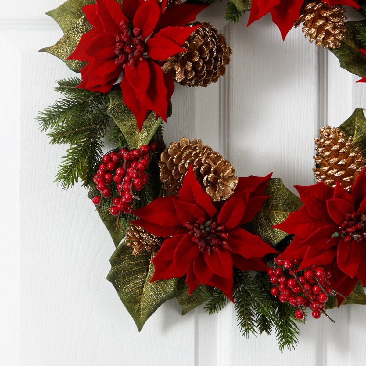 Nearly Natural 24" Poinsettia Wreath with Golden Pine Cones & Red Berries
